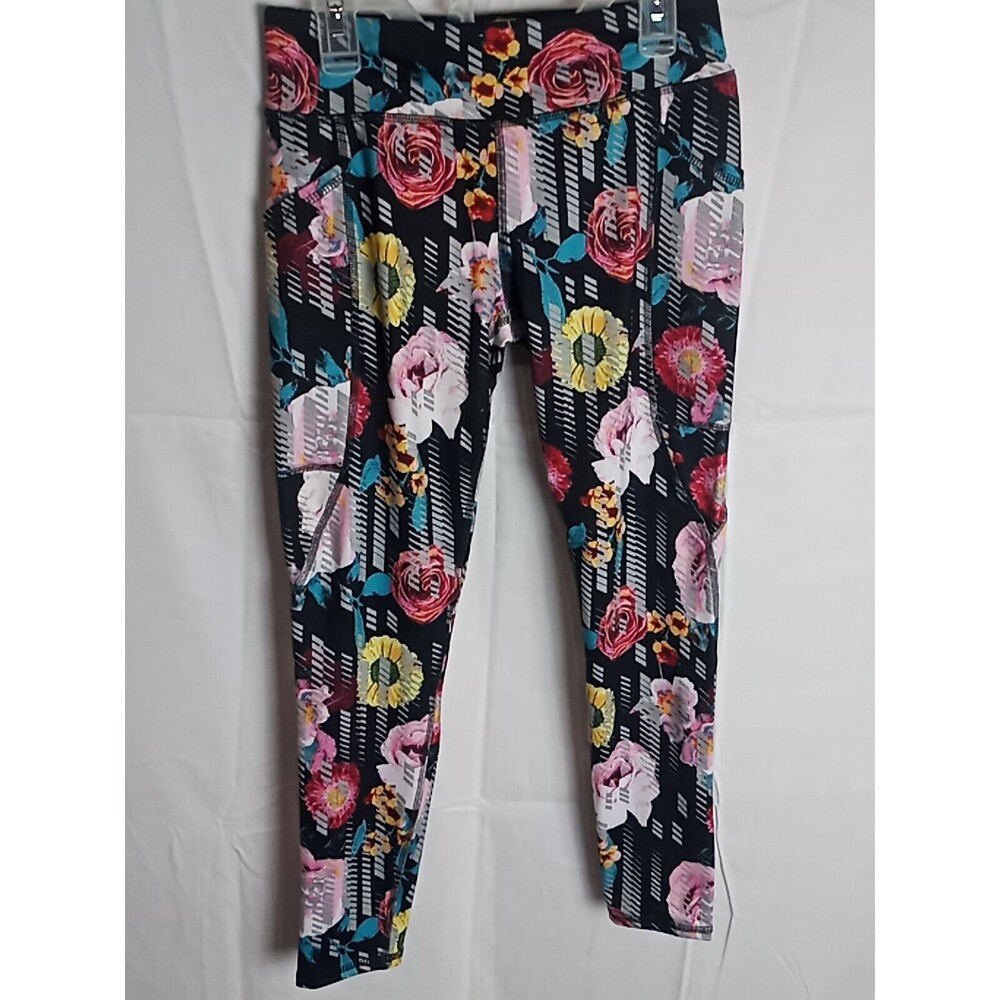 Athletic Works Pants Leggings Girl's Size Lg 10/12  Floral Black Pink Purple